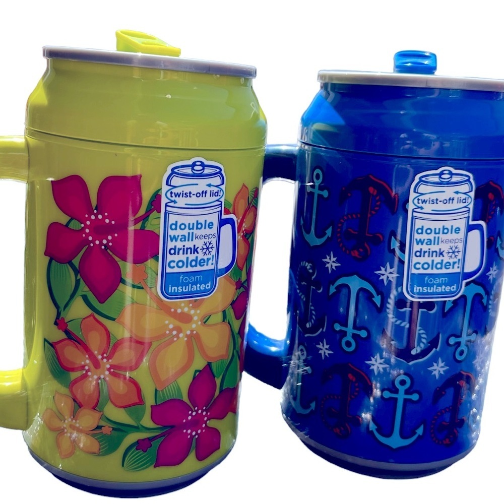 Vintage: Set of 2 Insulated Cooler Summer Themed Oversized Mugs NWT